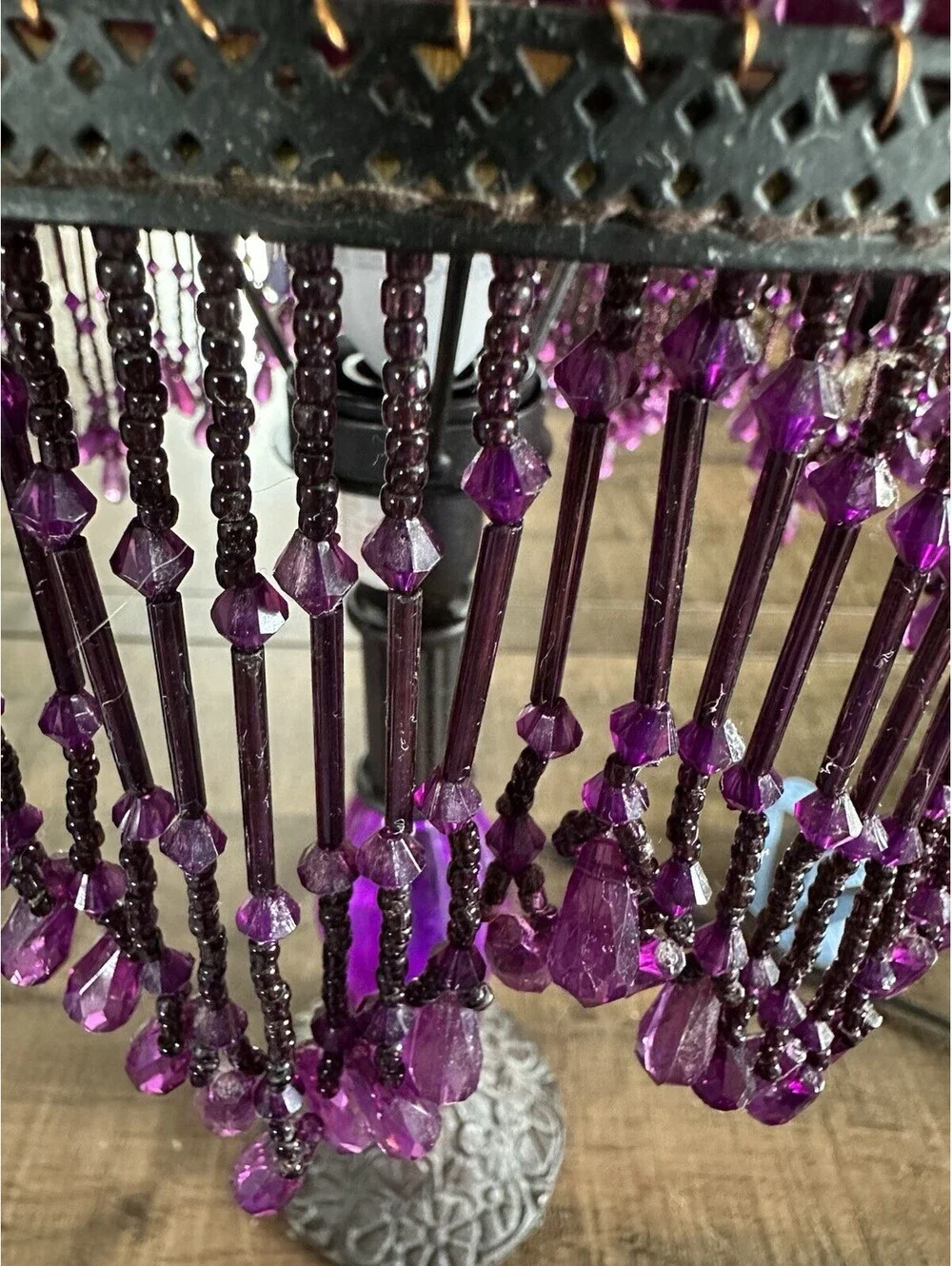 Purple Beaded Table Lamp Victorian Boho Fringe Accent Light Candelabra 16